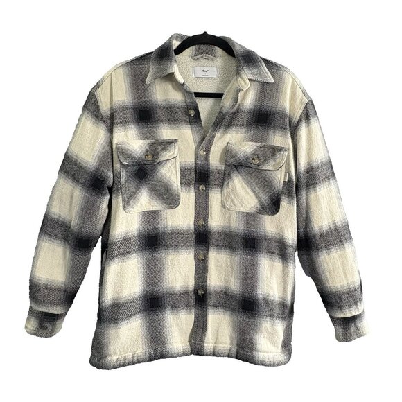 Aritzia TNA Women Prospect Sherpa Lined Shacket Sz 1 Small Black Ivory 46-15 - Picture 2 of 13